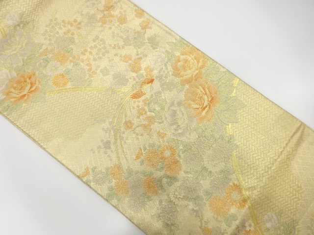 佐賀錦　尾長鳥に紅甘梅・牡丹模様織り出し袋帯